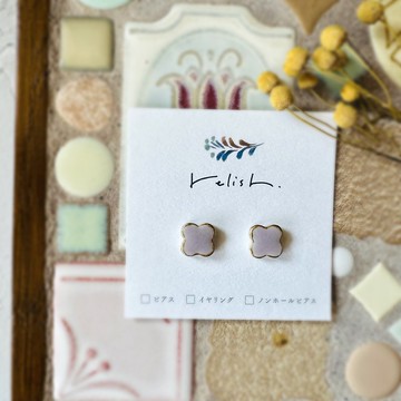 【再販】淡薰衣草色 美濃燒瓷磚 金繼線條 小花 耳環/耳夾 無耳洞