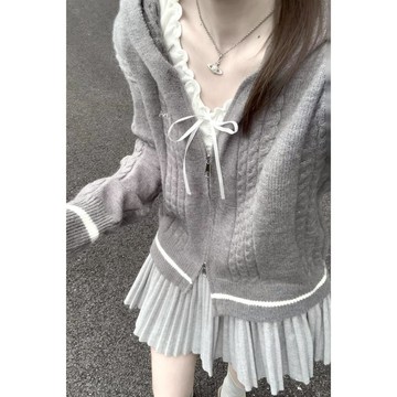 秋冬灰色針織毛衣上衣外套