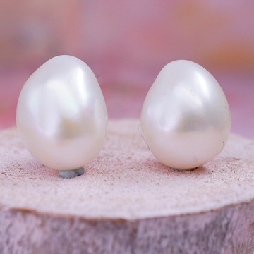 心醉 - 12-13mm 巴洛克形 白色 珍珠 純銀 電18K 白金 耳針 耳環