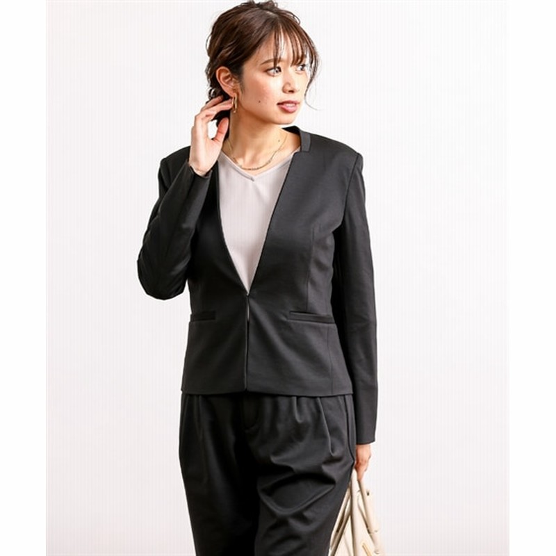 レディーススーツ シャンブレーニットパンツスーツ ノーカラージャケット ９分丈テーパードパンツ レディーススーツ Women S Suits Plus Size Women S Suits 通販 Lineポイント最大get Lineショッピング