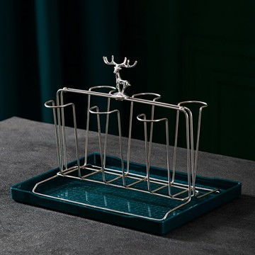 杯架/水杯瀝水架 4杯倒扣方架 6杯瀝水架架子置物架帶托盤 鐵藝金色杯架客廳杯收納【CM19014】