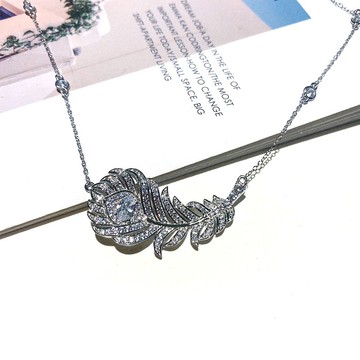 知性閃亮羽毛鑲滿鑽鋯石造型純銀項鍊 羽毛純銀項鍊 大明星配戴款