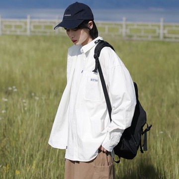 外套女春秋季百搭工裝長袖襯衫cityboy簡約復古襯衣寬松水洗上衣