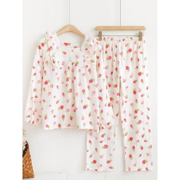 公主風睡衣女款純棉紗夏季長袖薄款少女士花邊春秋夏季家居服套裝