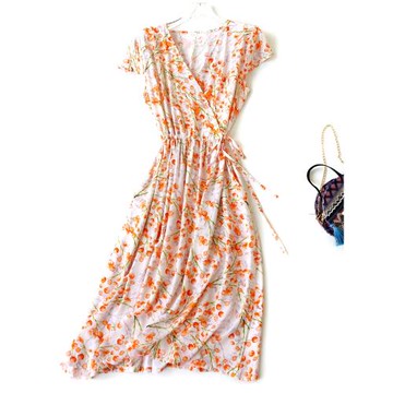 高檔斜紋真絲棉綢連衣裙女夏時尚外穿漢風系帶泡泡短袖綿綢口袋裙