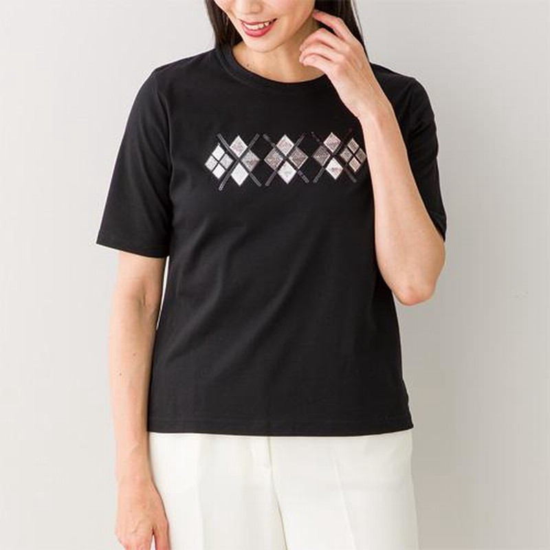 カットソー Tシャツ 半袖 クルーネック レディース 日本製 スパンコール使いプルオーバー 全2色 婦人服 ミセス シニア 女性 アーガイル柄 春夏　fuji　p24425 カットソー Tシャツ 半袖 クルーネック レディース 日本製