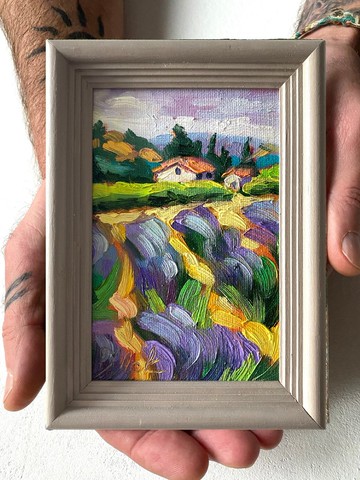 薰衣草田繪畫托斯卡納原創藝術風景油畫厚塗小幅藝術品 4x6 托斯