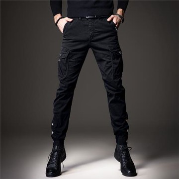 貴色春秋多口袋黑色工裝褲男潮牌修身束腳傘兵小腳美式休閑褲子男