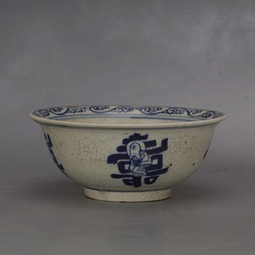 明青花嘉靖年壽星卷草紋開片羅漢碗 仿古出土景德鎮舊貨瓷器擺件
