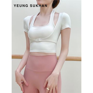 YEUNG SUKHAN/假兩件插扣短袖 背心式帶胸墊瑜伽上衣春夏運動健身