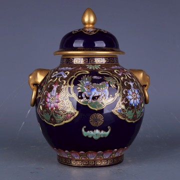 清乾隆祭藍描金麒麟獸耳蓋罐古董古玩包老保真收藏品真品舊貨老貨