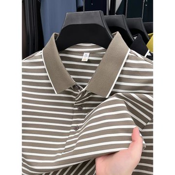 (免運)【桑蠶絲】夏季橫條紋t恤男短袖新疆長絨棉翻領休閑時尚純polo衫