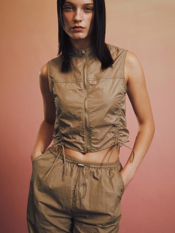 String Detail Nylon Zip Up Top_Beige