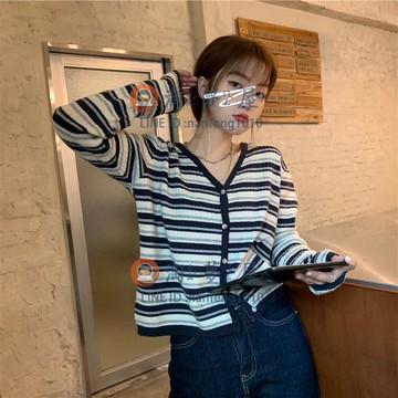 秋冬外套复古撞色条纹v领针织衫上衣 女韩版春季宽松长袖毛衣开衫【淘夢屋】