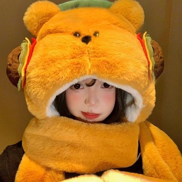 可愛漢堡小熊毛絨帽子圍巾一體女秋冬季加厚保暖顯臉小護耳雷鋒帽