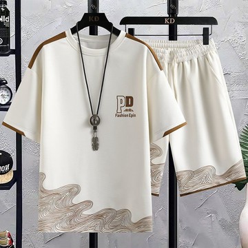 【台灣出貨】 夏季男士運動套裝短袖休閒套裝短褲兩件潮男港風T卹初中生男生t卹
