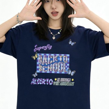 2026甜酷風蝴蝶圖案印花短袖oversize顯瘦減齡學生黨夏季上衣女U
