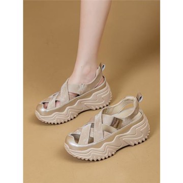 涼鞋女2025新款夏真皮外穿包頭羅馬洞洞鏤空厚底內增高動休閑涼鞋