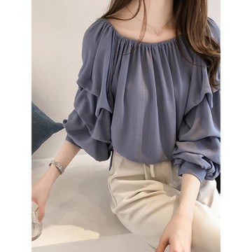 雪紡女裝上衣長袖一字肩2025年春夏新款大碼小衫寬松法式洋氣遮肚