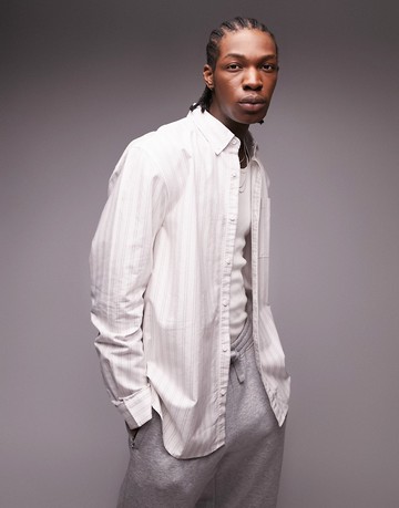 Topman long sleeve relaxed oxford shirt in brown stripe