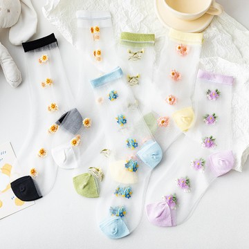 女襪 花朵襪子 透明透氣宮廷風中筒襪 薄款卡絲襪