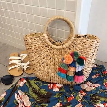 爆款 半圓形 草編包 籐編包 藤編包 手提包 束口 編織 玉米葉 海邊 度假 韓國 網紅 ANNA S.599