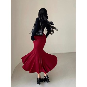 YoungGirlDay步步生蓮純欲氛圍感高腰褶皺彈力包臀魚尾半身裙長裙