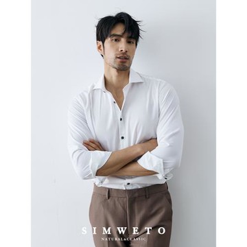 溫莎領商務男士免燙墨綠色襯衫絲滑修身紳士純色長袖一片領襯衣潮