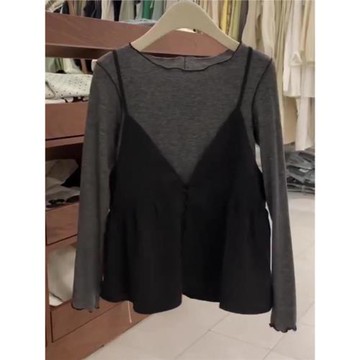 黑色防曬服女夏季小衫法式復古假兩件針織衫透氣設計感上衣打底衫