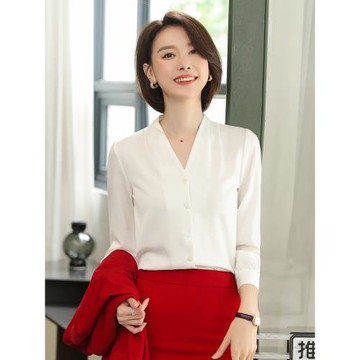 小個子155cm白襯衫V領長袖雪紡上衣OL職業裝韓版氣質寬松黑色襯衣