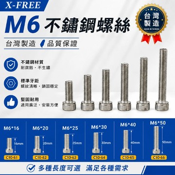 台製X-FREE M6不銹鋼螺絲 M6螺絲 不銹鋼6mm螺絲 M6法蘭螺母 M6墊片 法司 尼龍螺帽【C10-616】
