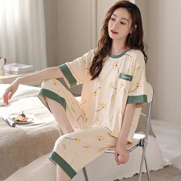 睡衣女夏季莫代爾短袖家居服加肥加大碼200斤七分褲薄款女士套裝