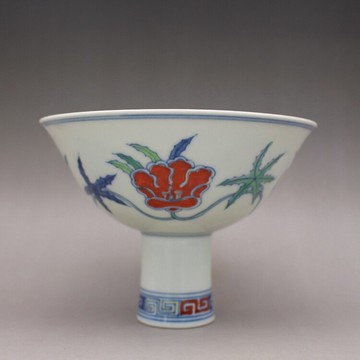 明成化青花斗彩花卉紋高足碗 果盤 古董古玩陶瓷器仿古老貨收藏品