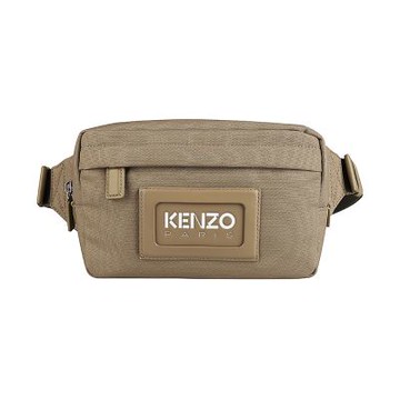 KENZO GRAPHY皮革標籤LOGO防潑水尼龍拉鍊胸掛包腰包(棕褐)