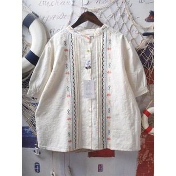 日系軟妹重工刺繡短袖襯衫少女森系復古菱形十字繡設計感純棉上衣