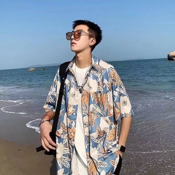 日系ins港风夏季复古痞帅短袖花衬衫男女夏威夷沙滩情侣宽松衬衣