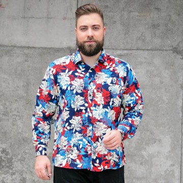 大碼男士印花長袖休閑青年時尚男花襯衫加肥加大寬松胖子肥佬襯衣