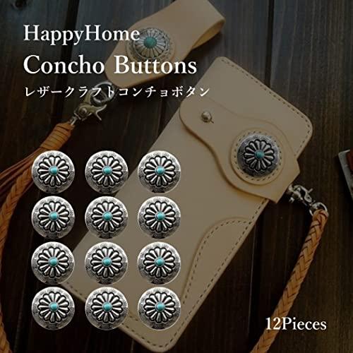 HappyHome コンチョ ボタン 12個セット ターコイズ ネジ式 インディアン フェザー ワイルドハーツ フラワー 30mm レザークラフ