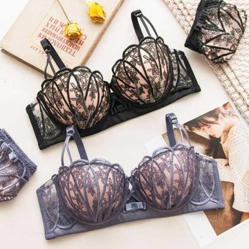 半杯小胸罩 性感蕾絲內衣套裝少女士無鋼圈聚攏加厚款文胸上托A杯