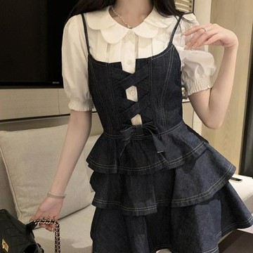 法式公主蓬蓬裙小個子甜酷風牛仔吊帶連衣裙子娃娃領襯衫兩件套裝