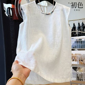 初色 簡約純色無袖圓領刺繡薄款背心女背心-共2色-14207(M-2XL可選)