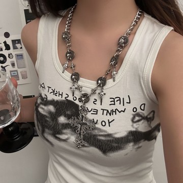 【台灣公司 可打統編】免運 金屬賽博朋克風紐扣骷髏頭十字架項鏈女小眾歐美潮酷設計感鎖骨鏈 可開發票 全館五折 工廠現貨直銷 新品特價 z9211