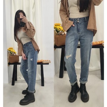 AT女裝｜女刷破顯瘦牛仔褲 女修身牛仔褲 刷破男友褲 兩顆扣造型牛仔褲 女牛仔褲 女顯瘦牛仔褲 5513