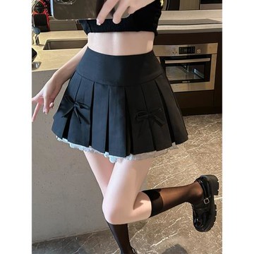黑色百褶裙女高腰蝴蝶結花邊設計感半身裙學院風a字裙百搭短裙子