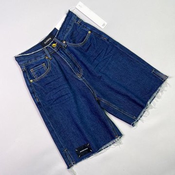 花匣子夏款58077高腰直筒中褲深藍色開叉毛邊休閑顯瘦五分牛仔褲