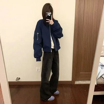 寬鬆棒球服 女休閒外套 春秋新款韓系慵懶風外套女藏藍色百搭休閒寬鬆棒球服飛行員夾克潮1001