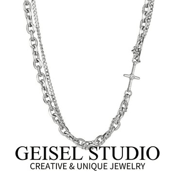 【GEISEL】十字O環雙層鍊 不鏽鋼項鍊 十字層次項鍊 毛衣鍊 個性嘻哈項鍊 項鍊男 中性項鍊(B-065)