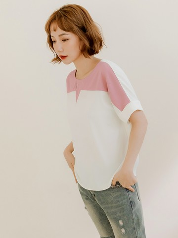 撞色圓領連袖上衣