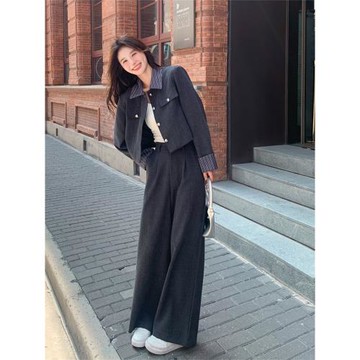韓系灰色西裝套裝女秋季流行鹽系又a又颯ootd西服兩件套穿搭爆款