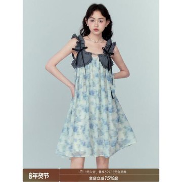【清倉特惠】DIDDI雪紡溫柔度假風吊帶裙朦朧印花蓬蓬連衣裙